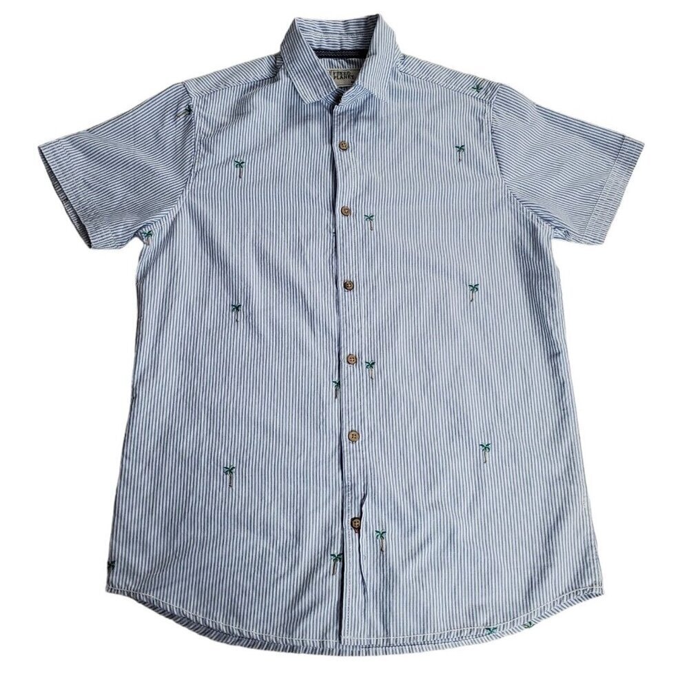 Free Planet Button Up Shirt Men Small Blue White Stripes Palm Tree Beach Coastal